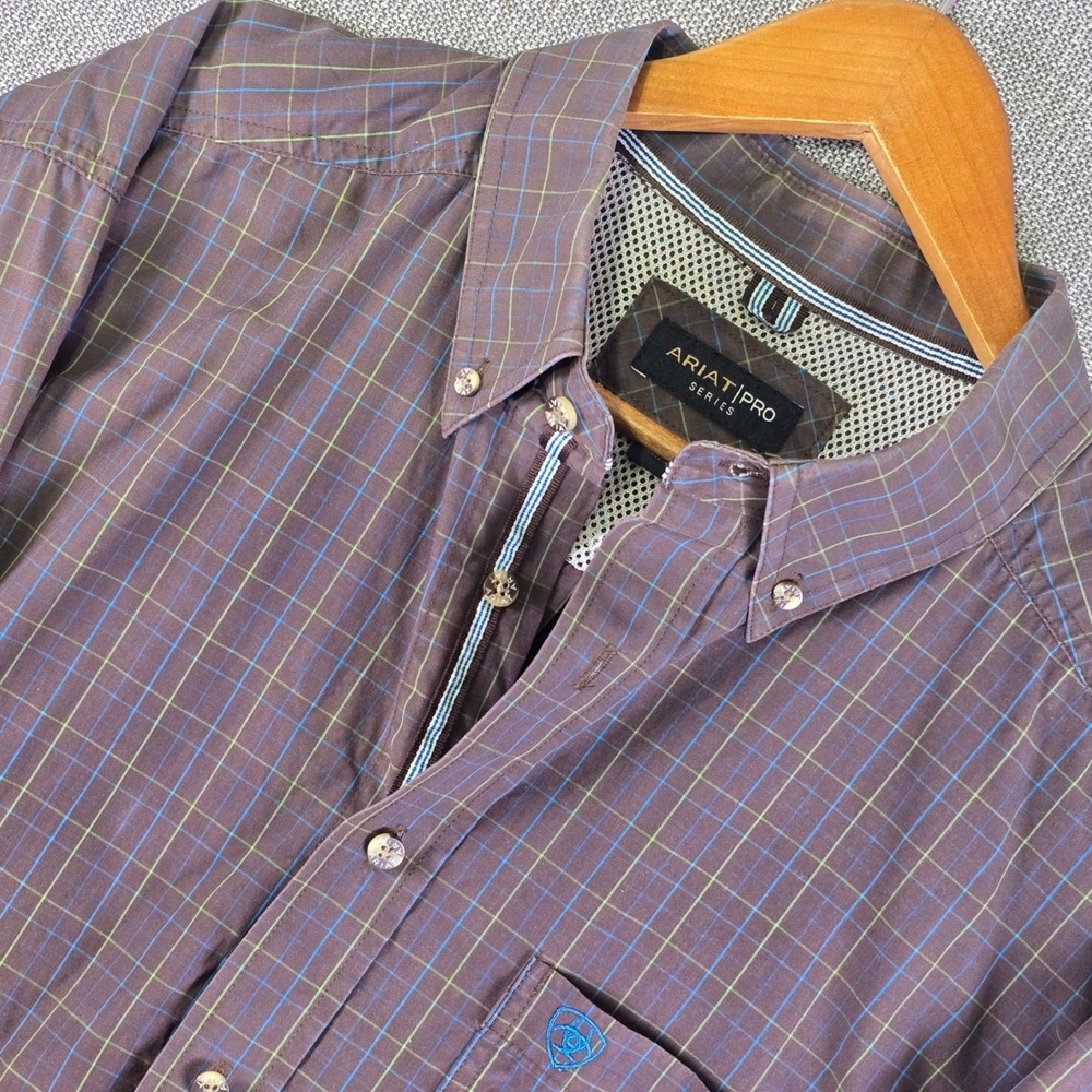 Ariat Pro Series Shirt Mens XLT Brown Plaid Western Cowboy Button Down Vented